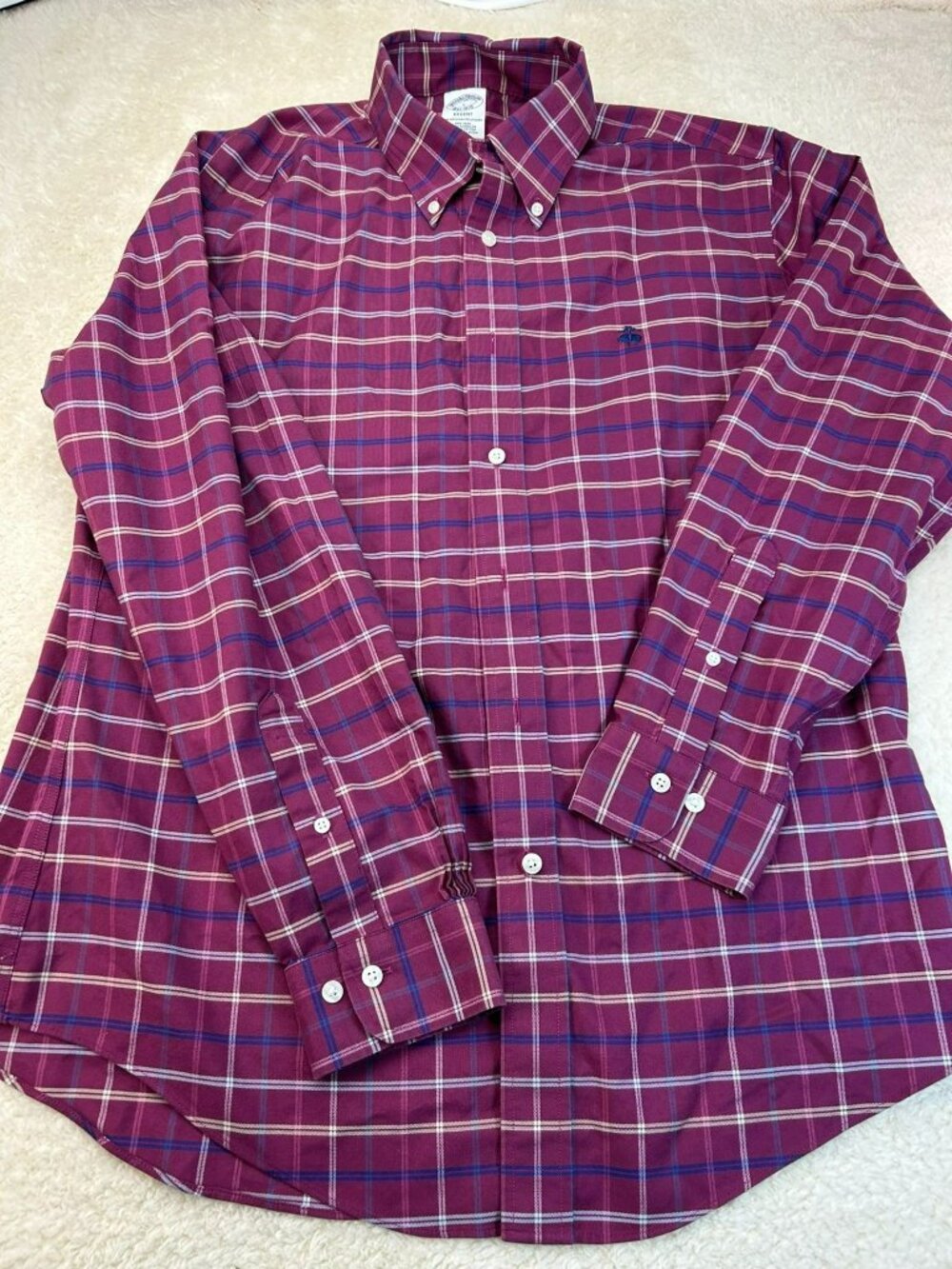 Brooks Brothers Mens Regent Plaid Long Sleeve Button-Down Shirt Burgundy L 100%